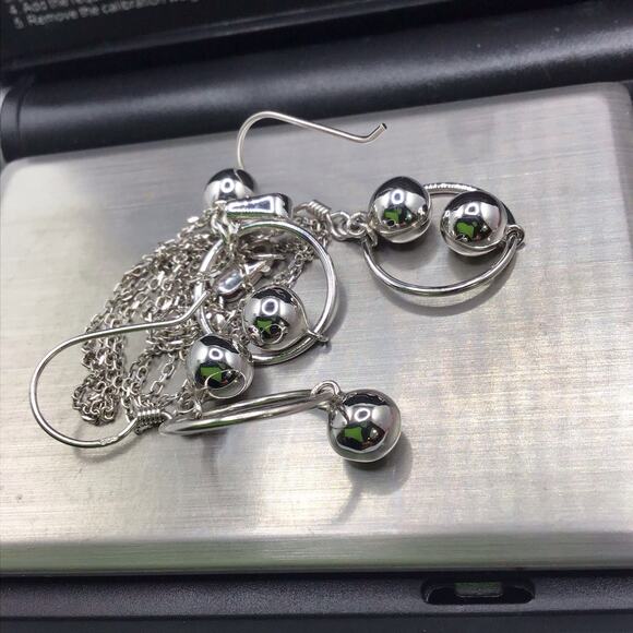 925 Sterling Silver Necklace & Earrings Set Ball Pendant 18" Dangle Hooks - Picture 10 of 11